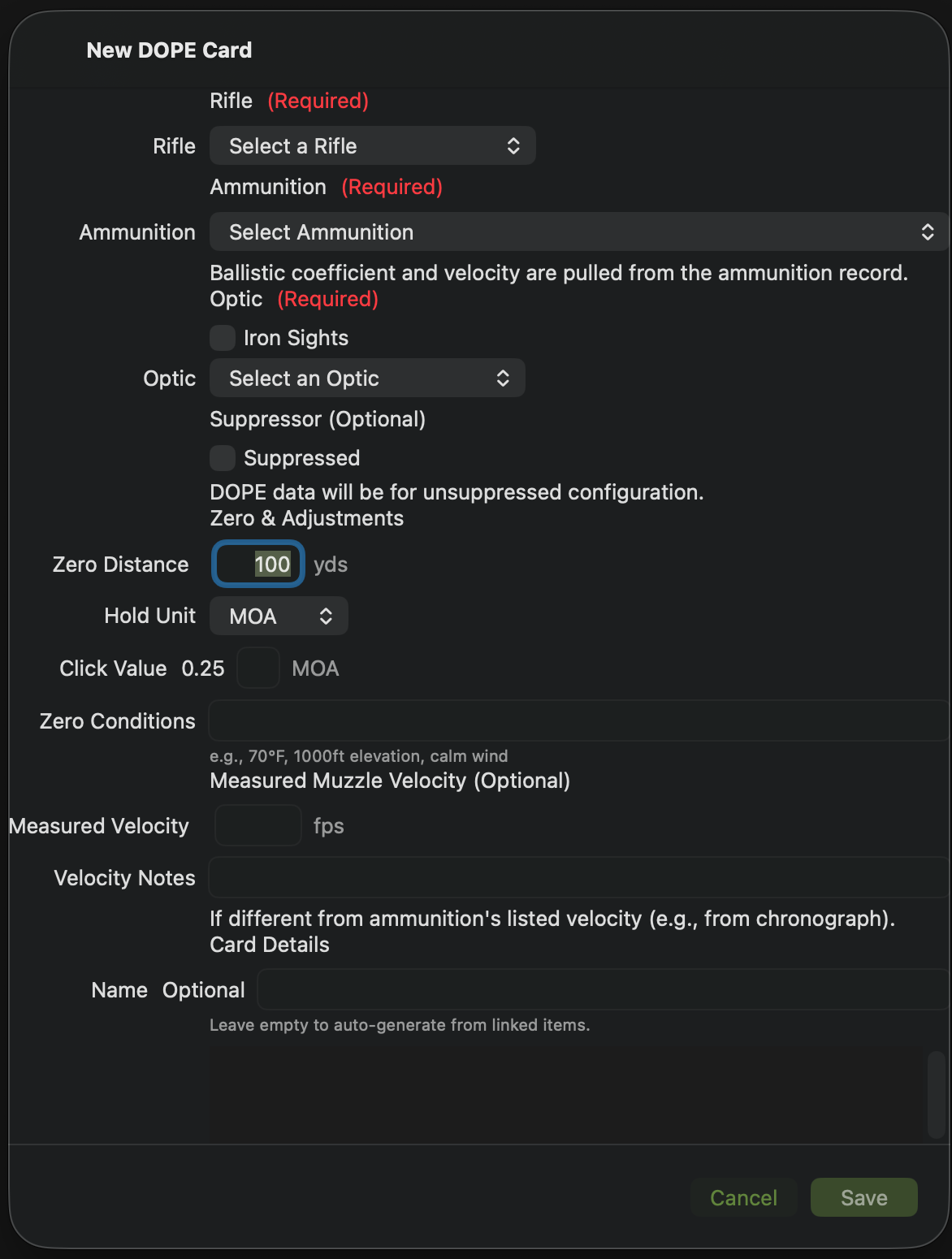 Mac — DOPE card setup with ballistic coefficients, zero distance, and conditions